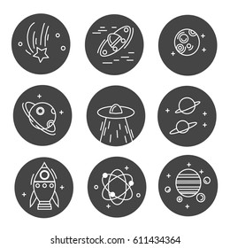 Vector set of space icons in line style on a black background. Planets, UFO's, comet, rocket, cosmos.