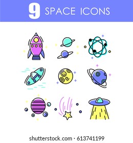 Vector set of space icons in line style. Planets, UFO's, comet, rocket, cosmos.