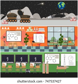 Vector set of space interior posters, banners. The Moon surface, lunar roving vehicles, classroom interior and scientific laboratory with lab equipment flat style design elements.