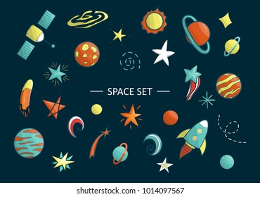 Vector set of space items. Illustration of space clip-art. Bright planet, rocket, star, ufo, galaxy, moon, spaceship, sun in cartoon style. Good for children posters. 