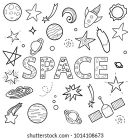 Vector set of space objects. Black and white space elements with planet, star, spaceship, satellite, moon, sun, asteroid. Black and white symbols.  Coloring page for children.
