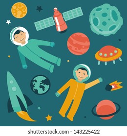 Vector set with space and planets icons - astronaut in space