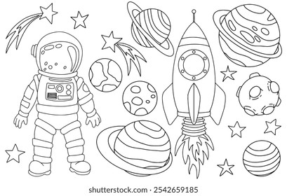 Vector con cohete espacial, planetas y astronauta. Libro para colorear en estilo doodle