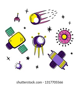 Vector set with space satellites. Doodle style. Colored isolates.