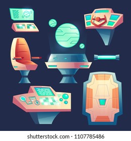 Vector set of spaceship design elements. Control panel with laptops for cockpit in rocket. Devices, collection for interior of flying craft isolated on dark background