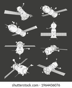 Vector set with spaceship satellite. Collection with 3d views old spaceship. Coloring page with 3d models. Isolated