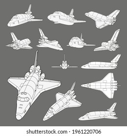 Vector Set With Spaceship, Space Shuttle. Collection With 3d Views Old Spaceship, Plane. Coloring Page With 3d Models. Isolated