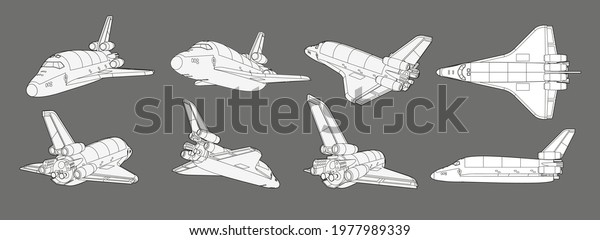 Vector set with spaceship, space shuttle.\
Collection with 3d views old spaceship, plane. Coloring page with\
3d models. Isolated