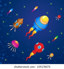 Vector set of spaceship and stars. Space collection, universe background.