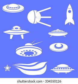 Vector Set of Spaceships Silhouettes Isolated on Blue Background