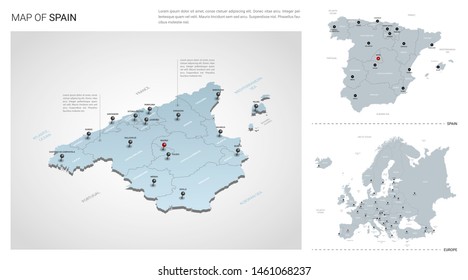 Vector set of Spain country.  Isometric 3d map, Spain map, Europe map - with region, state names and city names. 