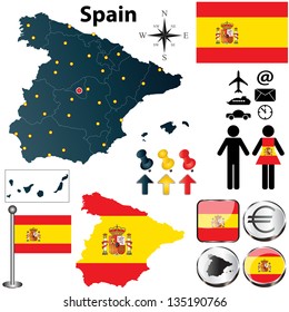 Vector set of Spain country shape with flags and icons isolated on white background