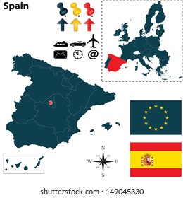 Vector set of Spain and European Union country shape with flags and icons isolated on white background