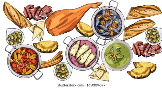 Vector set of spanish national food. Mussels, jamon bone, baguette, cheese, calzone, seafood soup, green beans or spinach puree. Line art style. Spanish cuisine