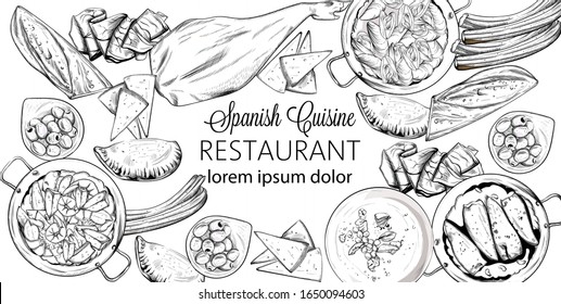 Vector set of spanish national food. Mussels, jamon bone, baguette, cheese, calzone, seafood soup, green beans or spinach puree. Line art sketch style. Spanish cuisine