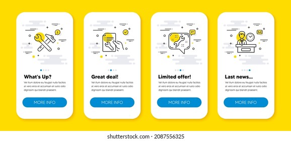 Vector set of Spanner tool, Repair document and Spanner line icons set. UI phone app screens with line icons. Presentation time icon. Repair, Report. Phone UI banners. Spanner tool line icon. Vector