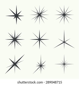 Vector set of sparkle lights stars. Stars with rays, explosion, fireworks.