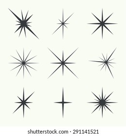 Vector set of sparkle lights stars. Stars with rays, explosion, fireworks.