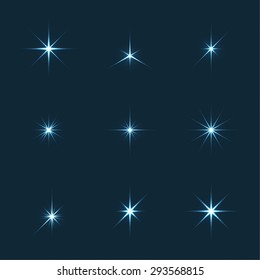 Vector set of sparkle lights stars. Stars with rays, explosion, fireworks. Dark background