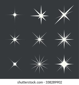 Vector set of sparkle lights stars. Stars with rays, explosion, fireworks. 
