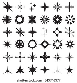 Vector set of sparkle lights stars. Sparkles with rays, explosion, fireworks. Sparkle and starburst symbols collection. Salute Burst. Stars.