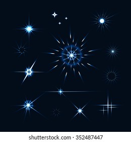 Vector set of sparkle lights stars. Stars with rays, explosion, fireworks. dark background