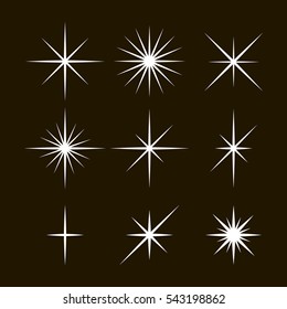 Vector set of sparkle lights stars. Stars with rays, explosion, fireworks.