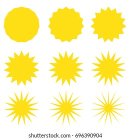 Vector set of sparkle yellow stars. Stars with rays, explosion, fireworks. light background
