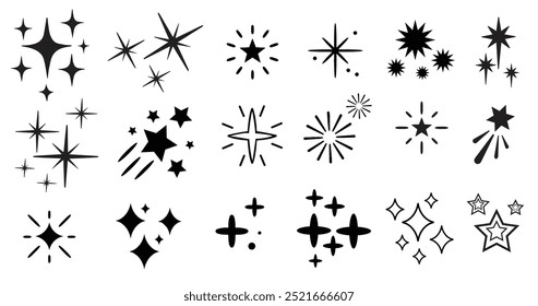 Vector conjunto de estrellas brillantes. Icono de estrella brillante. Icono brillante. Estrellas brillantes doodle Vector. Efectos de luz deslumbrantes, patrones de estrellas brillantes y explosiones, destellos brillantes.