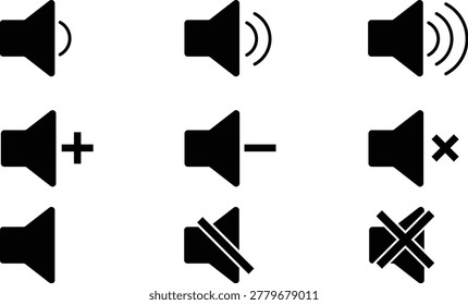 Vector set of speaker icon set low volume mute, idel etc vector icon set of flat black speaker