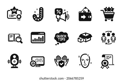 Vector set of Speaker, Report statistics and Insurance hand icons simple set. Certificate, Discounts offer and Candy icons. Quick tips, Marketing statistics and Packing boxes signs. Vector
