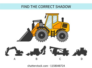 Vector set of special equipment. Find the correct shadow. Educational game for children. Cartoon vector illustration.