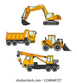 Vector set of special equipment. Machines for construction and repair. Set of icons. Cartoon vector illustration.
