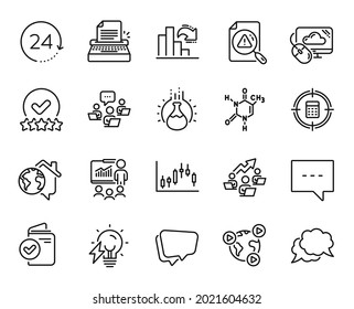 Vector set of Speech bubble, Rating stars and Chat message line icons set. Presentation, 24 hours and Electricity bulb icons. Blog, Candlestick graph and Video conference signs. Vector