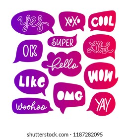 Vector set of speech bubbles in comic style with simple lettering. Colorful elements. Dialog phrases: Yes, xoxo, cool, lol, ok, super, hello, wow, omg, yay. 