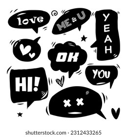 Vector set of speech bubbles in comic style. Hand drawn set of dialog windows with phrases: Hi, ok, love, Yes, me and you, yeah