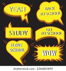 Vector set of speech bubbles in comic style. Hand drawn set of dialog windows with phrases: Hi, Hello, Thank you, Yes, Wow, Bye, Welcome, I love you.