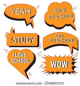 Vector set of speech bubbles in comic style. Hand drawn set of dialog windows with phrases: Hi, Hello, Thank you, Yes, Wow, Bye, Welcome, I love you.
