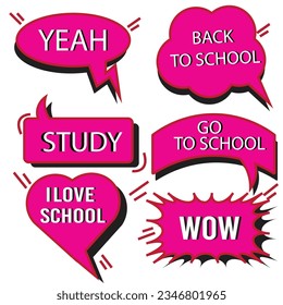 Vector set of speech bubbles in comic style. Hand drawn set of dialog windows with phrases: Hi, Hello, Thank you, Yes, Wow, Bye, Welcome, I love you.