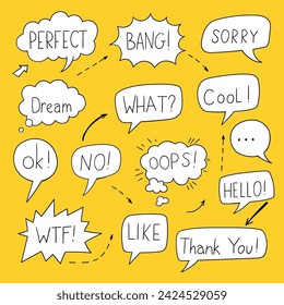 Vector set of speech bubbles in comic style. Hand drawn set of dialog windows with phrases: Perfect, Bang, What, Cool, WTF, hello, oops