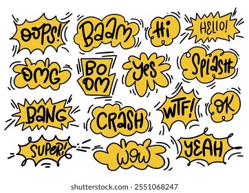 Conjunto de Vector de burbujas de discurso en estilo cómico con letras simples. Frases de diálogo: baam, sí, boom, crash, oops, ok, wtf, hola