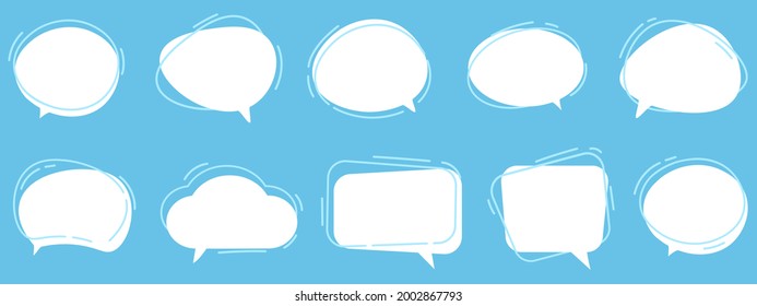 Vector Set of speech bubbles. Dialog box icon, message template. White clouds for text, lettering. Different shape of empty balloons for talk on blue background. Flat vector illustration