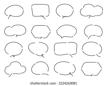 Vector Set of speech bubbles. Dialog box icon, message template. Doodle clouds for text, lettering. Different shape of empty balloons for talk on blue background. Flat vector illustration.