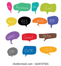 Vector set of speech bubbles with different words. Doodle hand draw kids style in pastel color for use in online business, chat. Colorful bubble talk phrases.