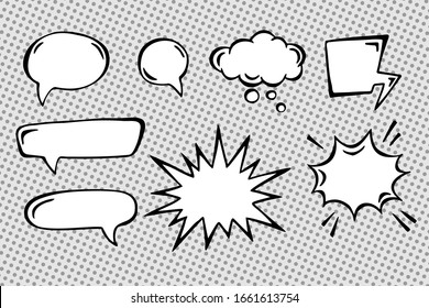 Vector set of speech bubbles in different shapes in comic book style. Hand drawn elements for design
