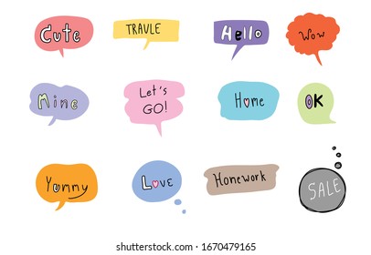 Vector set of speech bubbles. Doodle hand draw like kids style in pastel color for use in business, chat, inbox, dialog, message, question, communication, talk, speak, sticker, balloon, thinking