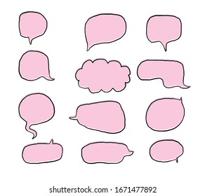 Vector set of speech bubbles. Doodle hand draw like kids style in pastel color for use in business, chat, inbox, dialog, message, question, communication, talk, speak, sticker, balloon, thinking