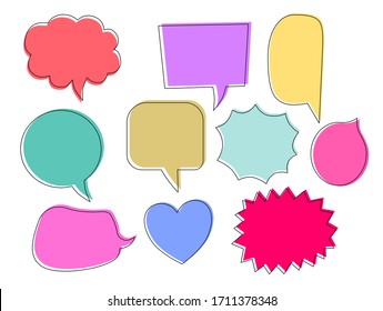 Vector set of speech bubbles. Doodle hand draw like kids style in pastel color for use in business, chat, inbox, dialog, message, question, communication, talk, speak, sticker, balloon, thinking