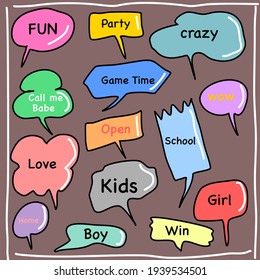 Vector set of speech bubbles. Doodle hand draw like kids style in pastel color for use in business, chat, inbox, dialog, message, question, communication, talk, speak, sticker, balloon, thinking