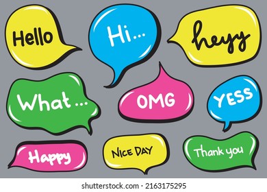 Vector set of speech bubbles. Doodle hand draw like kids style in pastel color for use in business, chat, inbox, dialog, message, question, communication, talk, speak, sticker, balloon, thinking